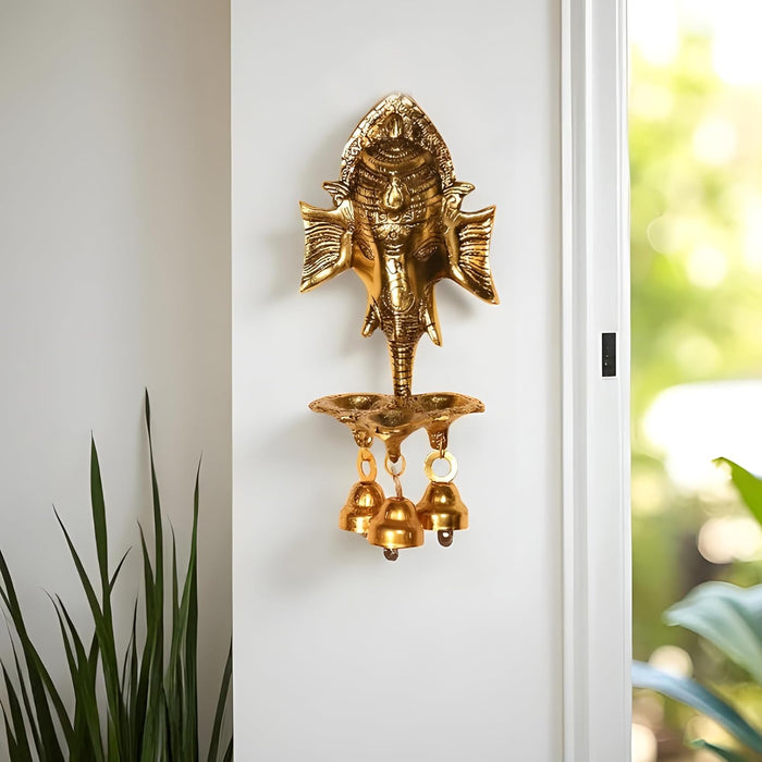 Metal Wall Hanging Ganesha Brass Finished Idol with 3 Diya Oil Lamp and 3 Bells Traditional Diwali Decoration, Brass Finished, Handcrafted Ganesha, 9.7x19 cm