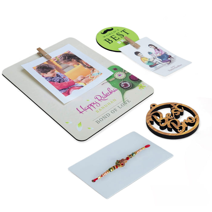 Art Street Rakhi Gift Hamper Combo Set-One 6x8 Inch Photo Clip Frame Peacock Rakhi for Brother, Best Bro Keychain, Happy Rakshbandhan, One Photo Clip Best Brother Fridge Magnet Rakshabandhan Rakhi