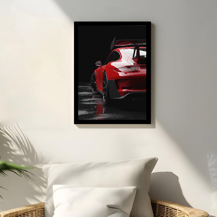 Automotive Motivational Framed Wall Art Print with Red Sports Car Illustration Prints, Retro Car Decor 32x44 cm