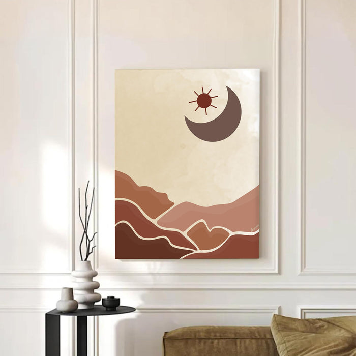 Abstract Desert Moon and mountain theme Stretched Canvas Wall Art Modern Boho Illustration Painting for Home & Office Wall Decor, (16x22 Inch)