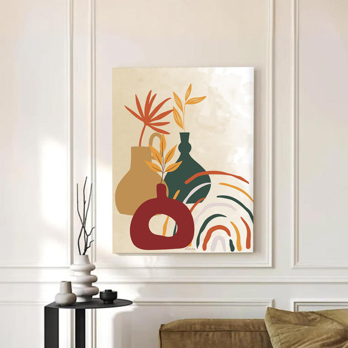 Abstract Vase and Plats Stretched Canvas Wall Art Modern Boho Illustration Painting for Home & Office Wall Decor, (16x22 Inch)