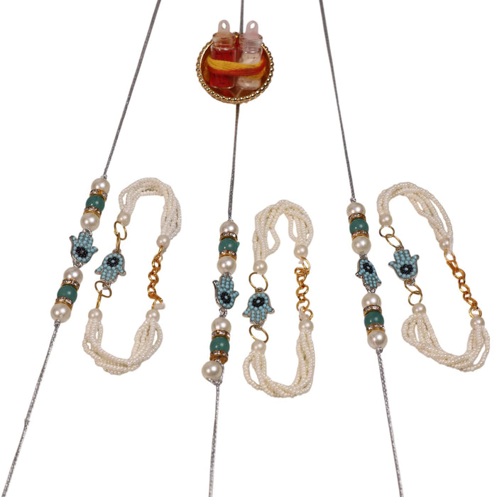 Rakhi Set for Brother and Bhabhi Premium Hand shape Rakhi with Roli and Chawal for Raksha Bandhan (Set of 3)