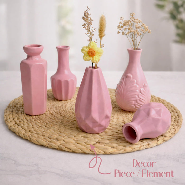 Set of 5 Pink Ceramic Decorative Vases for Home Decor | Modern Minimal Flower Vase Set for Living Room, Bedroom, Table & Gift