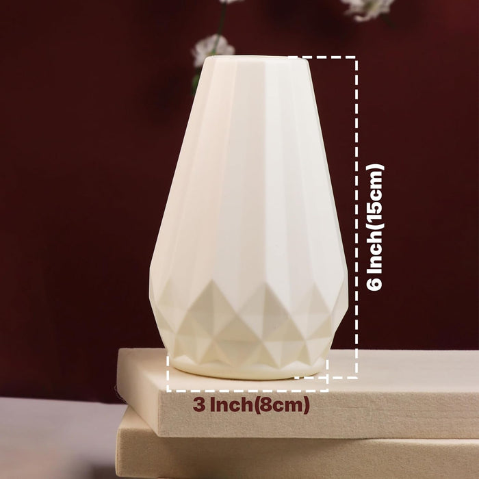 Beautiful Flower Vases, PVC Pot for Plants Stand Geometric Faceted Texture White Vase, Made of Durable Plastic PVC Height - 15 cm