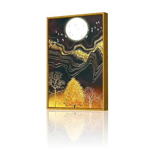 Art Street Canvas Painting Golden Emerald, Moon On Gold Line Mountain Framed Decorative Wall Art For Living Room (Size:23x35 Inch)