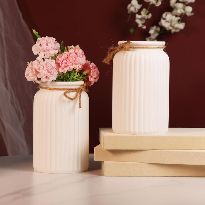 Beautiful Flower Vases PVC Pot for Plants Stand Elegant Ribbed Texture White Vase Made of Durable Plastic PVC Height - 15 cm