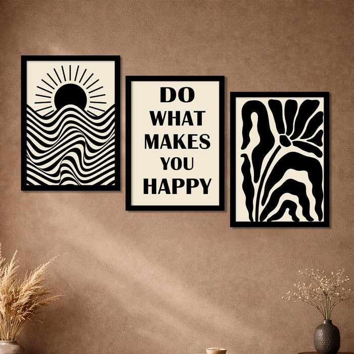 PAINTINGMANTRA Motivational Boho A3 Framed Posters for Living Room with Frame, Do What Makes You Happy Bohemian Quotes Wall Poster for Home Decor Bedroom Hallways Office Hotel Set of 3, Size 33x45 cm