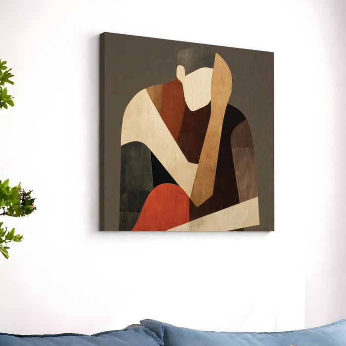 Abstract Stretched Canvas Wall Art Painting for Living Room, Modern Minimalist Figurative Painting, Mid-Century Boho Decor in Earthy Terracotta & Brown for Living Room, Office & Studio (56xx56 cm)