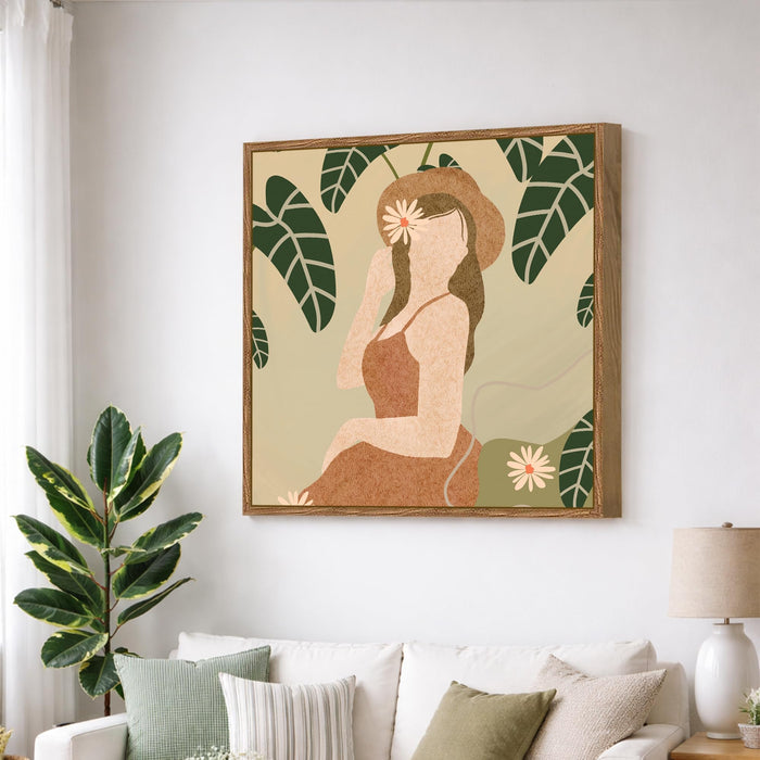Boho Woman Botanical Framed Painting For Living Room | Tropical Woman Figurative Large Canvas Painting With Frame Wall Art For Bedroom, Hallway's, Office, Hotel, Size 58x58 cm