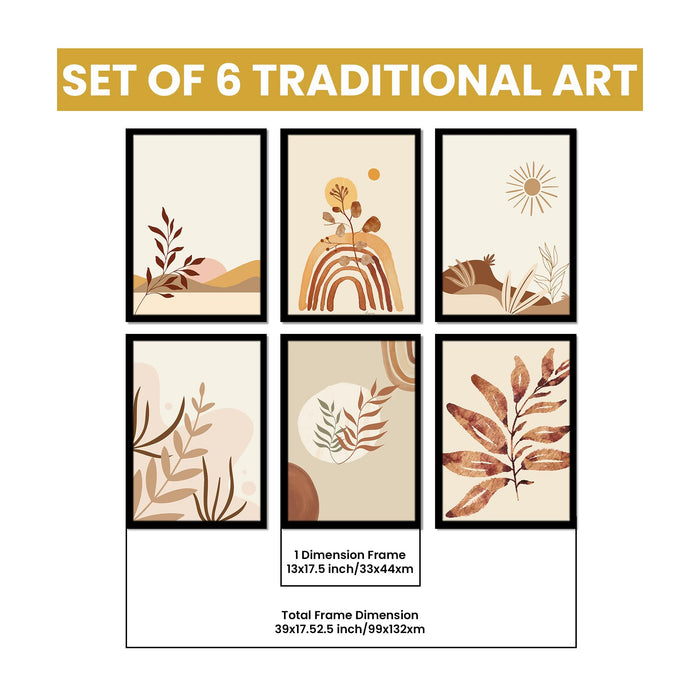 Boho Landscape Framed Painting Wall Art Set of 6 | Sun, Moon & Botanical Desert Prints | Warm Earth Tones | Engineered wood Frame Wall Décor, (Size: A3)