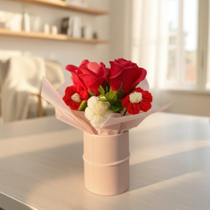 Art Street Artificial Rose & Knitted Daisy Flower Bouquet in Pink Gift Box – Handmade Decorative Floral Arrangement for Home Décor, Gifting, Office Table, Valentine Day & Anniversary