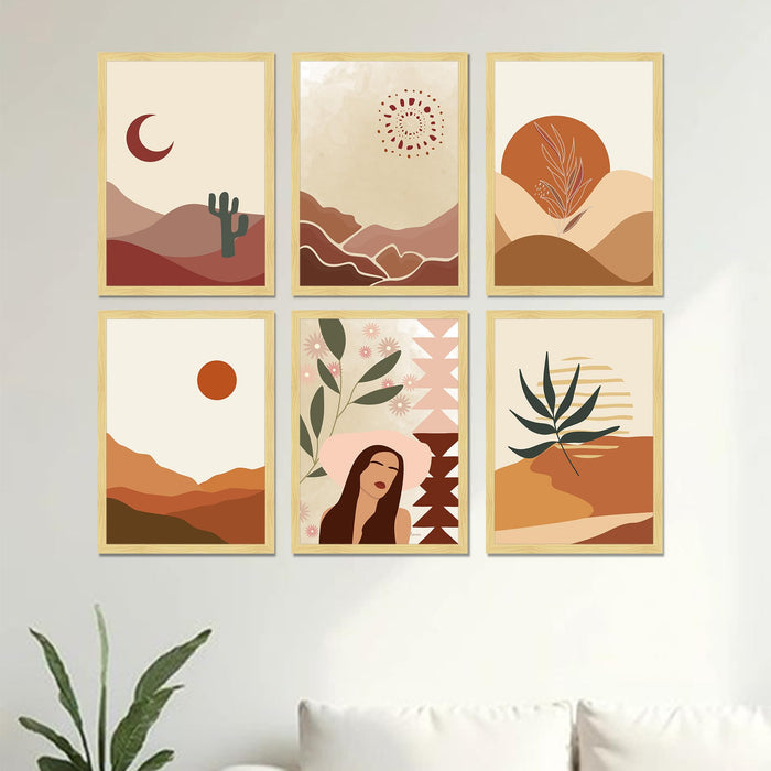 Boho Desert Framed Painting Wall Art Set of 6 | Sun, Moon, Botanical & Abstract Prints | Warm Earth Tones | Engineered wood Frame Wall Décor, (Size: A3)