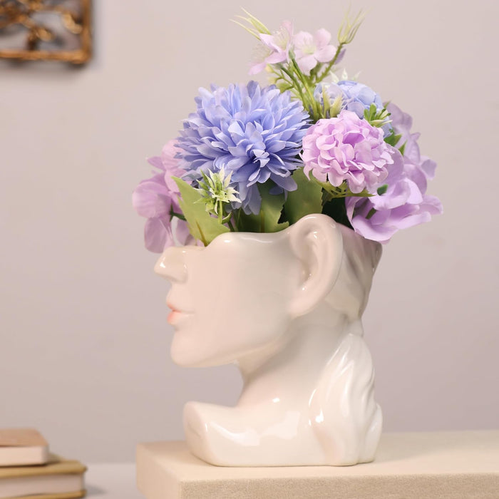 Artificial Flower with Ceramic Face Pot Vase Planter Women Head Pot with Flowers Vase Decorative Flower Vases for Home Living Room Dining Table Bedroom Office Indoor Décor 13x10x20 cm