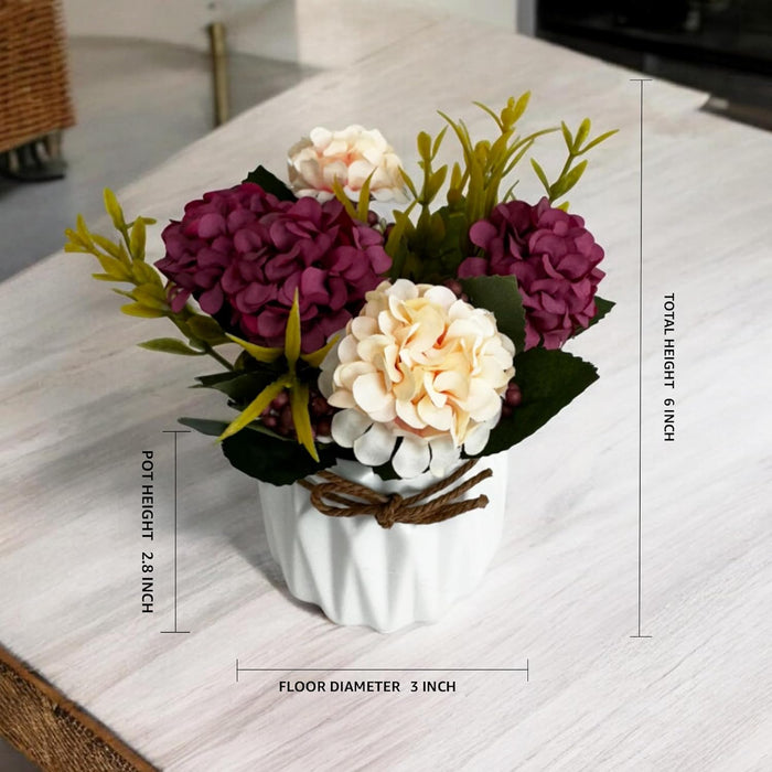 Ceramic Flower Vase with Artificial Flowers, Hydrangea Bouquet, Fake Silk Flowers in Pot for Home, Table, Window, Living Room, Bedroom, Office (White,