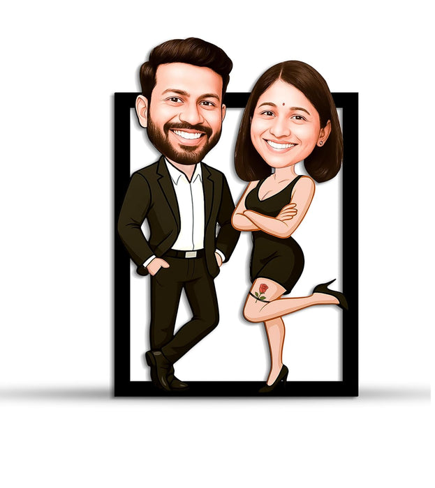 Customized Caricature Character Custom Cartoon Photo Frame, MDF Wood Personalized Anniversary Gift For Husband, Wife, Customised Gift For Friends & Family, Girlfriend, Boyfriend, Couples