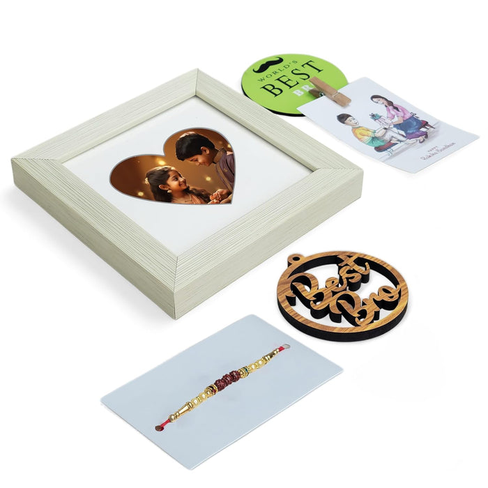 Art Street Rakhi Gift Hamper Combo Set-One Mauli Rakhi for Brother, Best Bro Keychain, One 5x7 Inch Heart Shape Photo Frame White, One Photo Clip Best Brother Fridge Magnet Rakshabandhan Rakhi