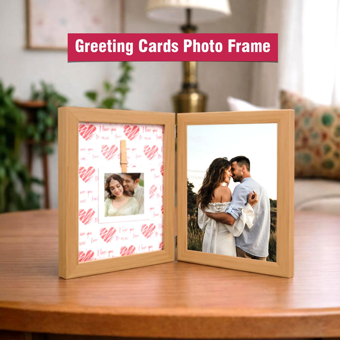 Wooden Greeting Card Photo Frame with Clip, Brown Hinged Double Frame for Photos & Cards, Tabletop Display Gift for Anniversary, Wedding, Valentine, Home Decor (5.2 x 7.2 Inch, Wooden Brown)