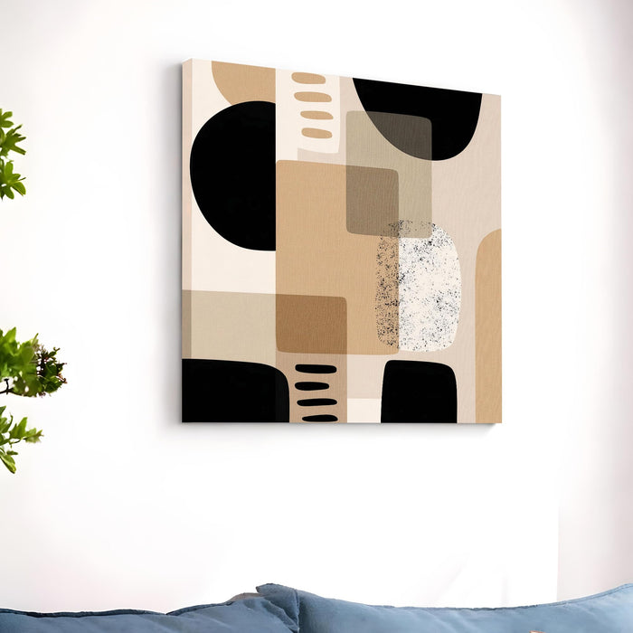 Mid-Century Modern Geometric Wall Art Painting For Living Room, Minimalist Abstract Shapes Stretched Canvas Painting, Black & Brown, Contemporary Boho Decor for Living Room & Office (56xx56 cm)