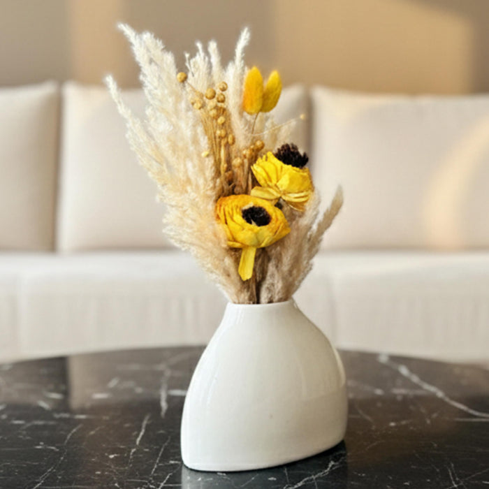 Art Street White Ceramic Decorative Vase with Pampas Grass & Yellow Wood Flowers | Minimalist Table Decor | Aesthetic Home Decoration for Living Room, Bedroom, Entryway | Dried Flower Arrangement Set