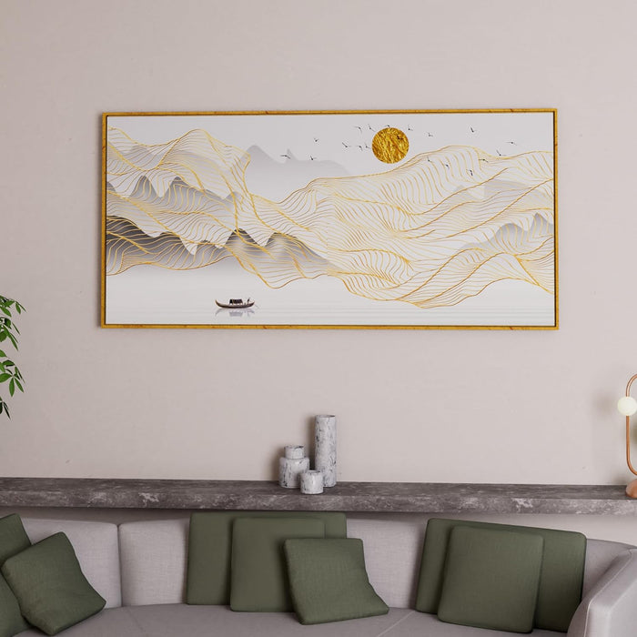 Art Street Abstract Mountain Wave with Sun Large Canvas Painting Panel for Home Décor (Gold, 23x47 Inch)