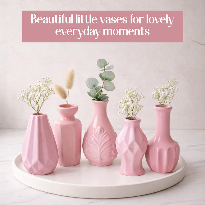 Set of 5 Pink Ceramic Decorative Vases for Home Decor | Modern Minimal Flower Vase Set for Living Room, Bedroom, Table & Gift