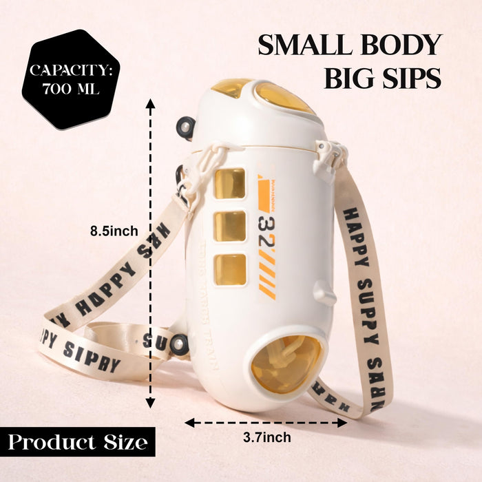 Train Water Bottle with Straw & Adjustable Shoulder Strap, 700 ml Large Capacity Portable Sipper Cup for Kids & Girls, Leakproof BPA-Free Plastic Drinkware for School & Travel (White, 8.5x3.7 Inch)