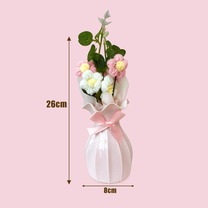 Art Street Handmade Knitted Flower Bouquet with Pink Ribbon Reusable Vase – Artificial Wool Flowers & Eucalyptus Arrangement | Home & Office Table Décor | Gift for Valentine Day