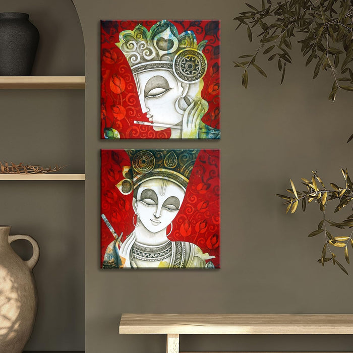 Ganesha Decorative Stretched Canvas Paintings for Home Décor (Set of 2, 12 X 12 Inches)