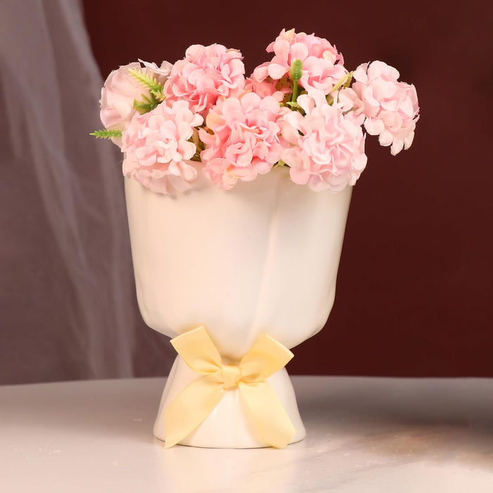 Beautiful Flower Vases, PVC Pot for Plants Stand Elegant Fold Texture White Vase Pot, Made of Durable Plastic PVC Height - 13 cm