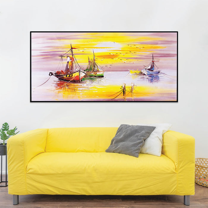 Art Street Abstract Colorful Three Boat in Water Large Canvas Painting Panel for Home Décor (Black, 23x47 Inch)