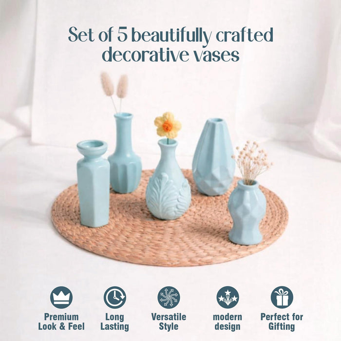 Set of 5 Light Blue Ceramic Decorative Vases for Home Decor | Modern Minimal Flower Vase Set for Living Room, Bedroom, Table & Gift