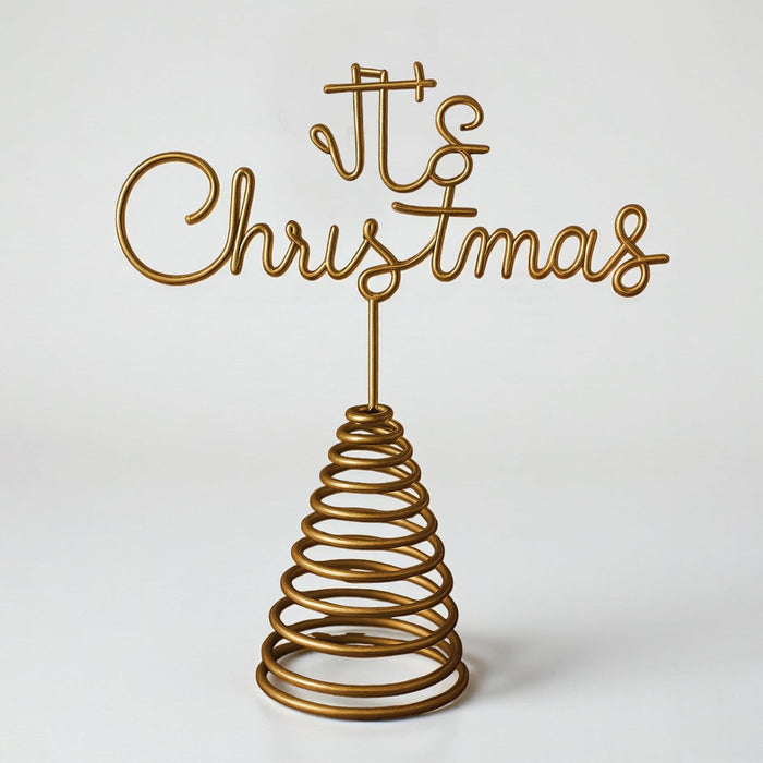 Festive Metal Gold Tree Topper It's Christmas Script Font Tree Decoration Spiral Base for Xmas-Tree Decor 19x21 cm