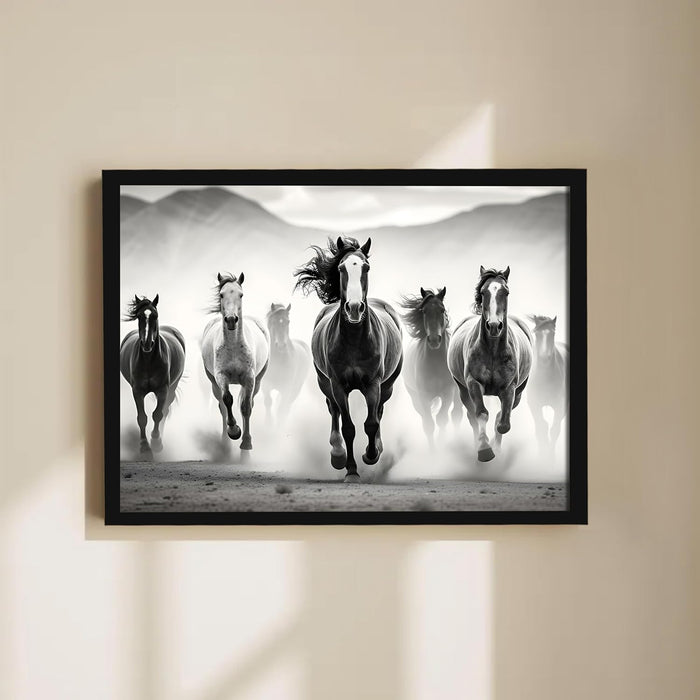 Abstract Wall Art Eight Running Horses Vastu Feng Shui Multicolor | Digital Painting Framed with Engineered Wood Frame (17x23 Inch)