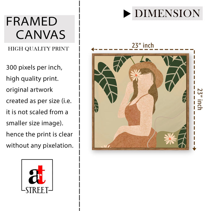 Boho Woman Botanical Framed Painting For Living Room | Tropical Woman Figurative Large Canvas Painting With Frame Wall Art For Bedroom, Hallway's, Office, Hotel, Size 58x58 cm