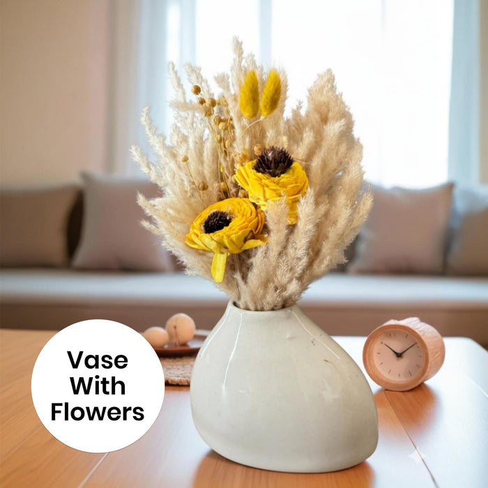 Art Street White Ceramic Decorative Vase with Pampas Grass & Yellow Wood Flowers | Minimalist Table Decor | Aesthetic Home Decoration for Living Room, Bedroom, Entryway | Dried Flower Arrangement Set