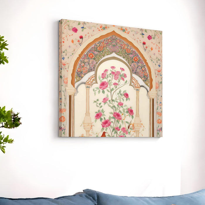 Indian Mughal Wall Art Painting For Living Room, Modern Miniature Style Stretched Canvas Wall Art Poster, Floral Peacock Motif Painting for Living Room, Office & Home Decor (56xx56 cm)