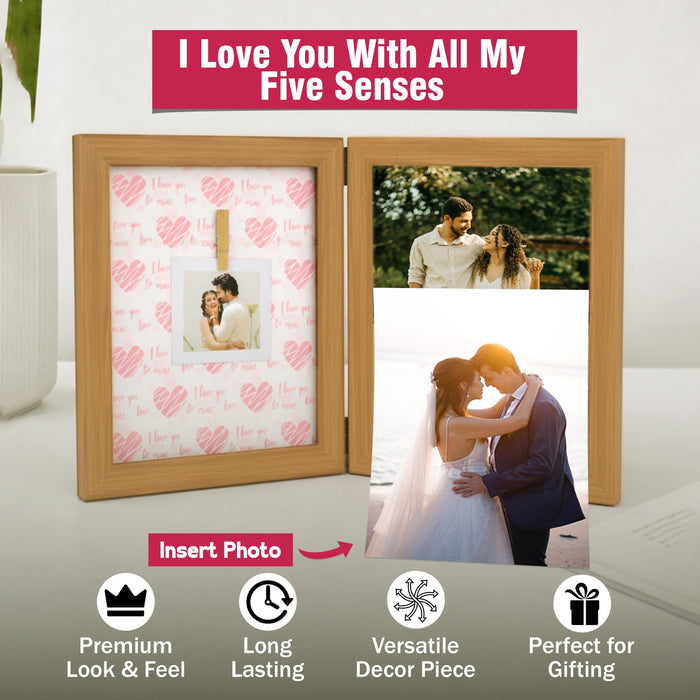 Wooden Greeting Card Photo Frame with Clip, Brown Hinged Double Frame for Photos & Cards, Tabletop Display Gift for Anniversary, Wedding, Valentine, Home Decor (5.2 x 7.2 Inch, Wooden Brown)