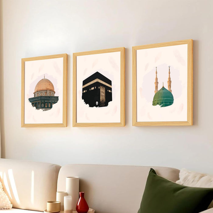 Masjid E Nabawi Mosque Mecca Kaaba Islamic Wall Painting, Decorative Framed Wall Décor Art Prints Artwork (Set of 3,Size A3)