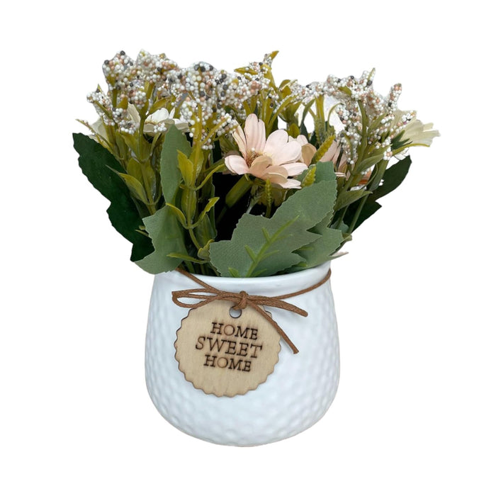 Art Street Ceremic Flower Vase with Artificial Flowers, White Daisy Bunch Silk Fake Flowers in Pot for Home, Table, Window, Living Room, Bedroom, Office (White, Size: 4.5x7 Inch)