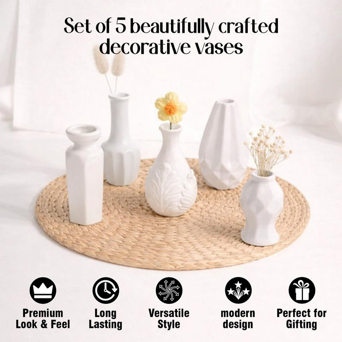 Set of 5 White Ceramic Decorative Vases for Home Decor | Modern Minimal Flower Vase Set for Living Room, Bedroom, Table & Gift