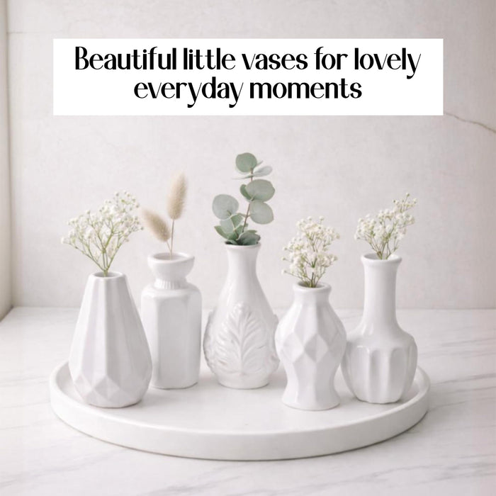 Set of 5 White Ceramic Decorative Vases for Home Decor | Modern Minimal Flower Vase Set for Living Room, Bedroom, Table & Gift