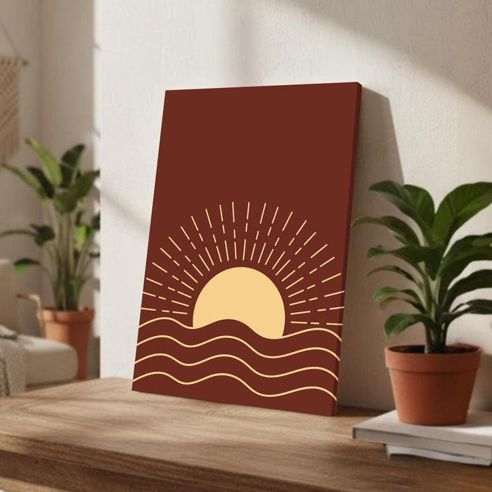 Abstract Dark Brown Sun Rise Stretched Canvas Wall Art Modern Boho Illustration Painting for Home & Office Wall Decor, (16x22 Inch)