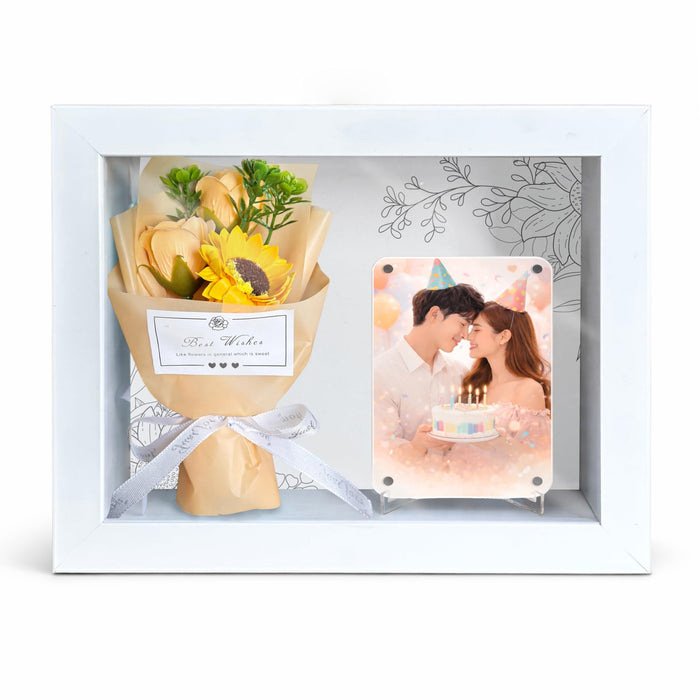 Mother's Day Flower Gift Box for Memories with Flower Bouquet and Fridge Magnet, Beautiful Moments in a Shadow Box, for rakshabandhan, Anniversary Gifting, Elegant Home Decor Display (Size: 18x23 cm)