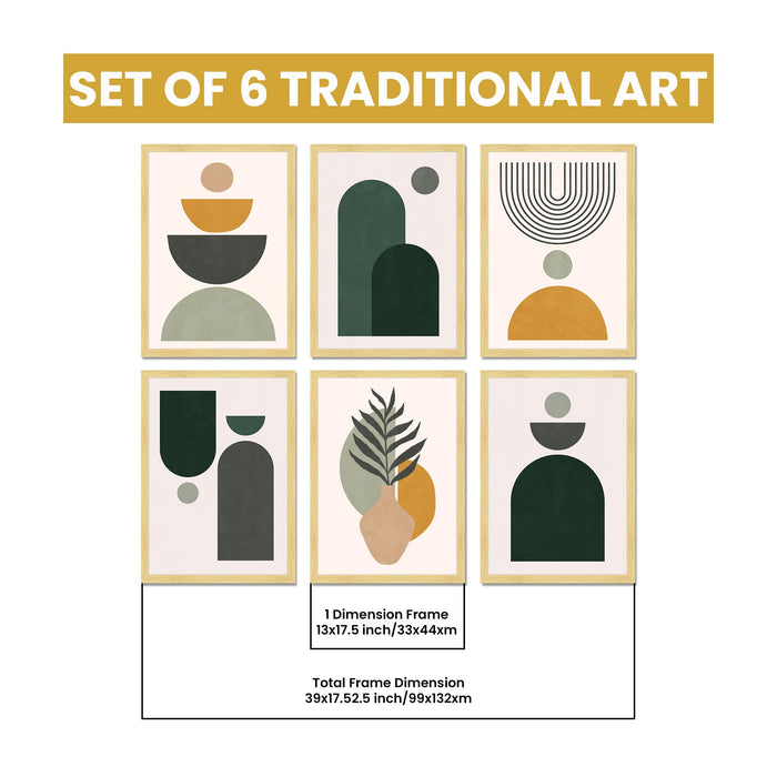 Boho Desert Framed Painting Wall Art Set of 6 | Sun, Moon, Botanical & Abstract Prints | Warm Earth Tones | Engineered wood Frame Wall Décor, (Size: A3)