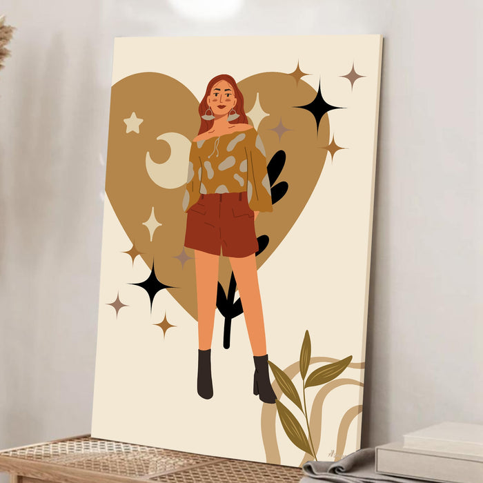Abstract Heart and Female Stretched Canvas Wall Art Modern Boho Illustration Painting for Home & Office Wall Decor, (16x22 Inch)
