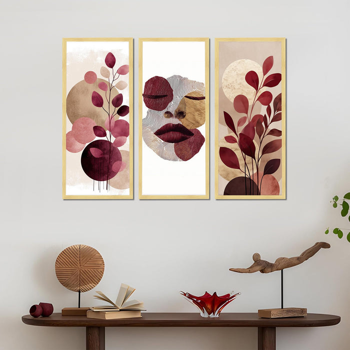 Abstract Botanical & Face Framed Wall Art Set of 3 | Modern Boho Wall Décor | Engineered Wood Frame Prints for Living Room, Bedroom & Office, 8.9x18.9 Inch