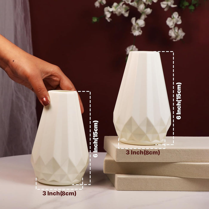 Beautiful Flower Vases, PVC Pot for Plants Stand Geometric Faceted Texture White Vase, Made of Durable Plastic PVC Height - 15 cm
