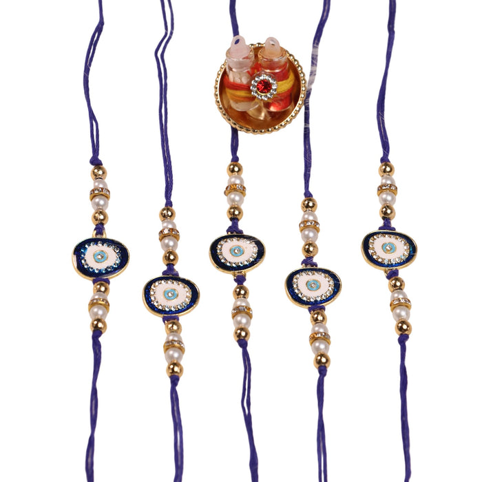 Rakhi Set for Brother and Bhabhi Premium Nazariya Rakhi with Roli and Chawal for Raksha Bandhan (Set of 5)