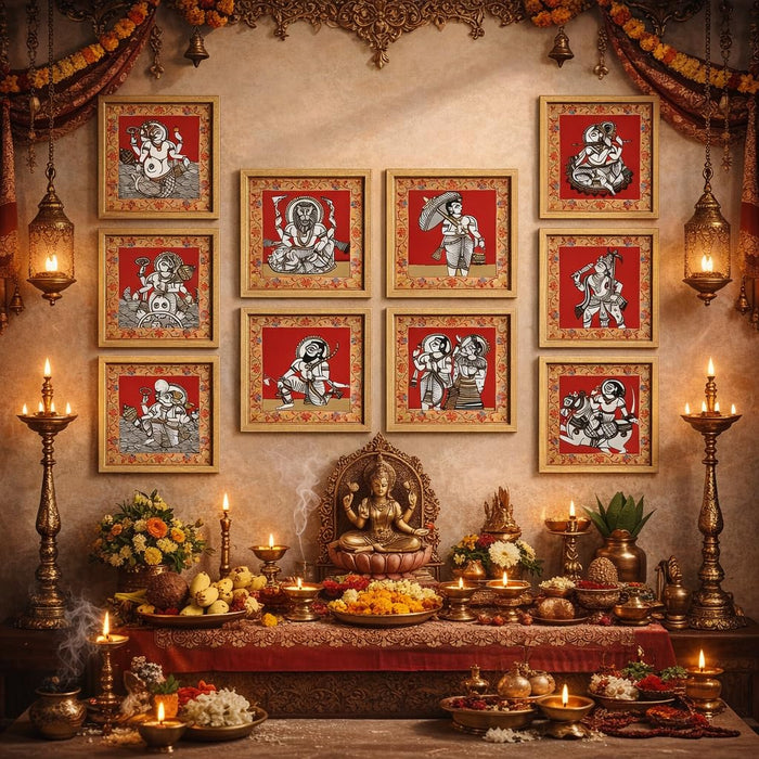 Dashavatar Wall Art Paintings With Frame For Living Room | 10 Avatars of Lord Vishnu Framed Paintings | Sacred Hindu Spiritual Wall Decor Poster for Home, Pooja Room, Gifting, Set of 10, Size 24x24 cm