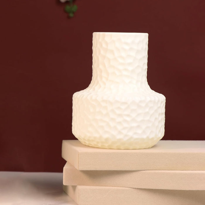 Beautiful Flower Vases, PVC Pot for Plants Stand Elegant Hammered Texture White Vase Pot, Made of Durable Plastic PVC Height - 15 cm